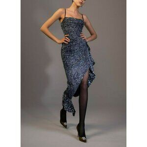Rasario Black Gray Leopard Print Ruched Bodycon Cocktail Dress